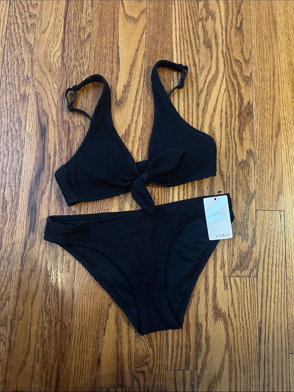 Lively Black Textured Knot-Front Bikini